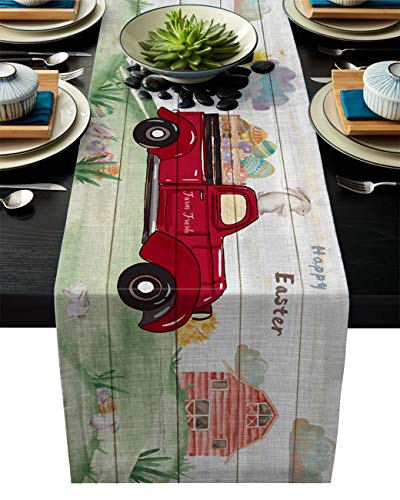 Xspring Table Runners Happy Easter Red Truck Load Eeater and Eggs Non Slip Heat Resistant Modern Table Runner for Family Dinner Kitchen or Gatherings, Indoor or Outdoor Parties 14×72inch
