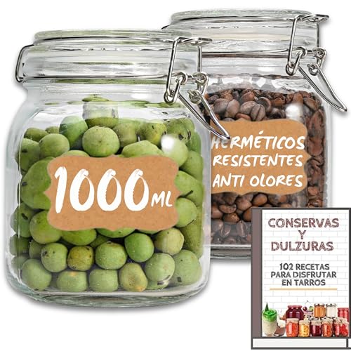 4 Tarros de Cristal Herméticos 1 litro - Con Etiquetas + Ebook de 102 Recetas - Tarros para Conservas, Mermelada, Encurtidos, Fermentar - Vidrio Resistente (4)