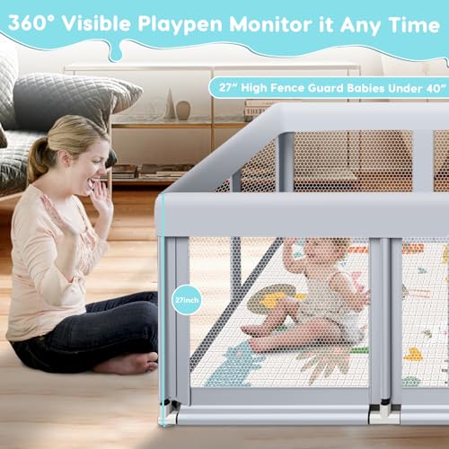 Image of Fshibila 74 inch x50 inch Large Baby Playpen, Baby Playard for Babies and Toddlers, Play Pens for Indoor & Outdoor, Sturdy Safety Play Yard with Soft Breathable Mesh, Anti-Fall, Grey (with MAT)