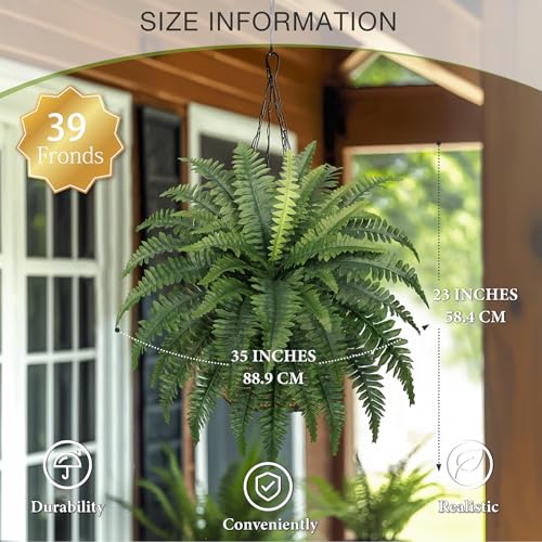 35 Ferns Artificial Bush Plants Large, 2 Artificial Boston Ferns with 39 Fronds for Outdoors Home Decor