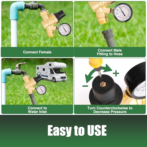 Image of U.S. Solid 3 /4 in GHT RV Water Pressure Regulator, Screwdriver-Adjustable Lead-Free Brass, 45 psi Preset, 0-140 psi Gauge, Stainless Filter, for RV Camper Trailer and Garden Hose