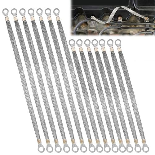 14Pcs Ground Straps, 10/12 inch Universal Flat Braided Copper Automotive Ground Strap Kit, Automotive Ground Strap Wire Ground Strap Connectors with Terminals Plugs for Most Cars, Silver