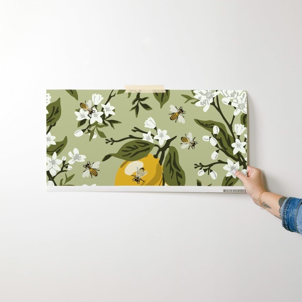 Peel & Stick Wallpaper Swatch - Bees Lemons Green Large Leaves Colored Corrected 21 Nature Citrus Traditional Custom Removable Wallpaper by Spoonflower