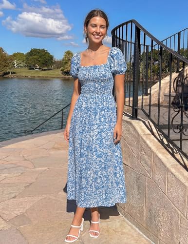 Image of ZESICA Women's 2026 Summer Boho Floral Print Dress Square Neck Ruffle Swing Beach Vacation Long Maxi Dresses
