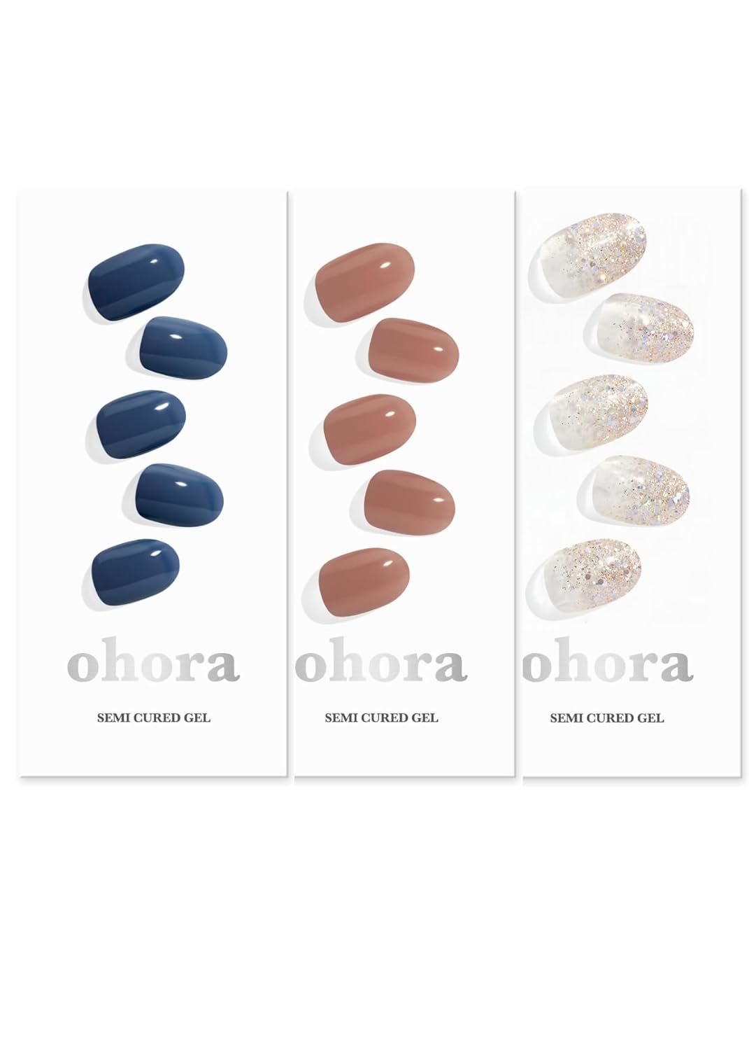 ohora Semi Cured Gel Nail Set of 3 (N Cream Indigo & N Bare Brick & N Sparkle Glam) - Professional Salon-Quality Nail Care