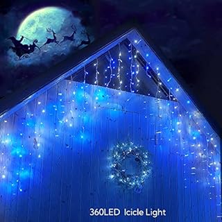 Hopolon 33FT 360L LED Christmas Icicle Lights Outdoor Waterproof,8 Modes Plug in Curtain String LIghts With 60 Drops,Christmas Lights for Wedding,Party,Bedroom,Home,Garden,Wall Decorations(Blue White)