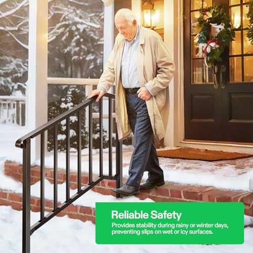 Image of VIVOSUN 4-Step Railing 54 inchx36 inch Wrought Iron with Curved & Balusters Black | Sturdy wrought iron handrail with curved ends and balusters for elderly; rustproof black; full hardware; for porch and deck