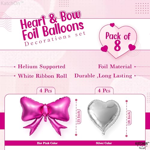 Image of KatchOn Silver Foil Heart Balloons Set - 25 Inch, Pack of 8 | Pink Bow Balloons, Heart Shaped Balloons for Galentines & Valentines Day Decorations