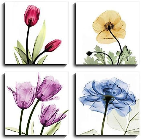 4 Panels Abstract Flower Canvas Wall Art Colorful Tulip Picture Bathroom Decor