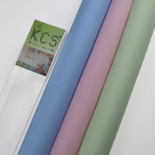 Image of KCS 3 pc of 15 inch x 18 inch(38cmx45cm) Counted Cross Stitch Cotton Aida Cloth Needlework Rolled Fabric Box,18CT,Light Blue+Pink+Light Green