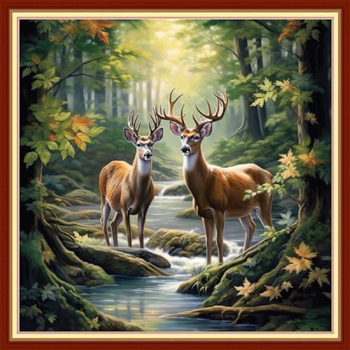 Image of Dimxvean Stamped Cross Stitch Kits,Cross Stitch Kits for Adults Beginners,Embroidery Kits Full Range of Cross Stitch Stamped Kits Needlepoint Kits Cross Stitch Patterns-Forest elk 18x18 inch