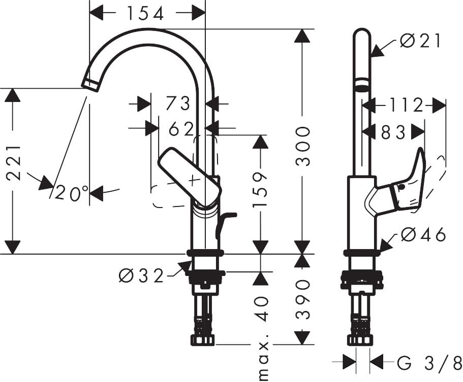 Technical drawing with dimensions of the Hansgrohe Logis Basin Mixer Tap 210