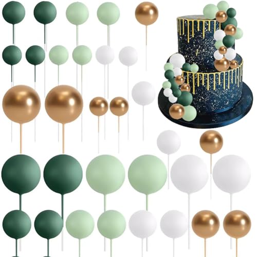 Bola decorativa de pastel,32PCS Topper Cake Bola, Decoración Tarta de Bola,decoración para tarta de cumpleaños y decoración de tartas de boda, cumpleaños, shower (Verde)