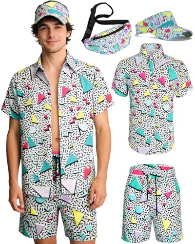 kasahara 80s 90s Outfit for Men Hawaiian Shirt and Shorts Set Mens Summer Beach Vacation Disco Party Outfits with Visor Waist Bag (Light Blue M)