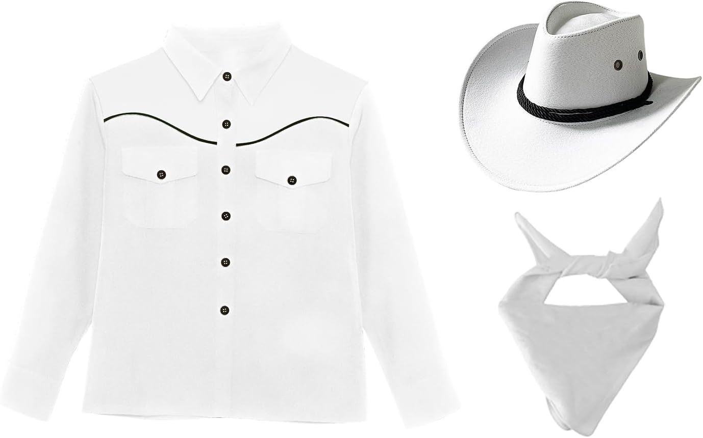 Boys Western Themed Cosplay Long Sleeve Top with Cowboy Hat Bandana Set Halloween Birthday Costume White 16 Years