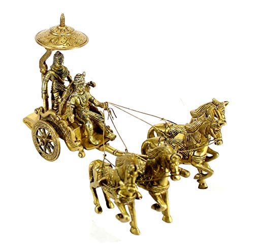eSplanade Brass Krishna Arjuna Rath Chariot Horses Showpiece | Home Decor | Krishna Arjun Updesh | Gita Saransh (4 Horse Rath)