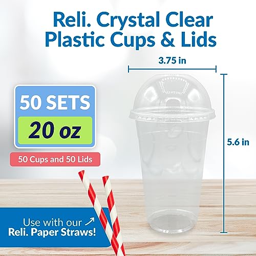 image for Reli. Plastic Cups with Lids 20 oz | 50 Sets | Clear Plastic Cups with