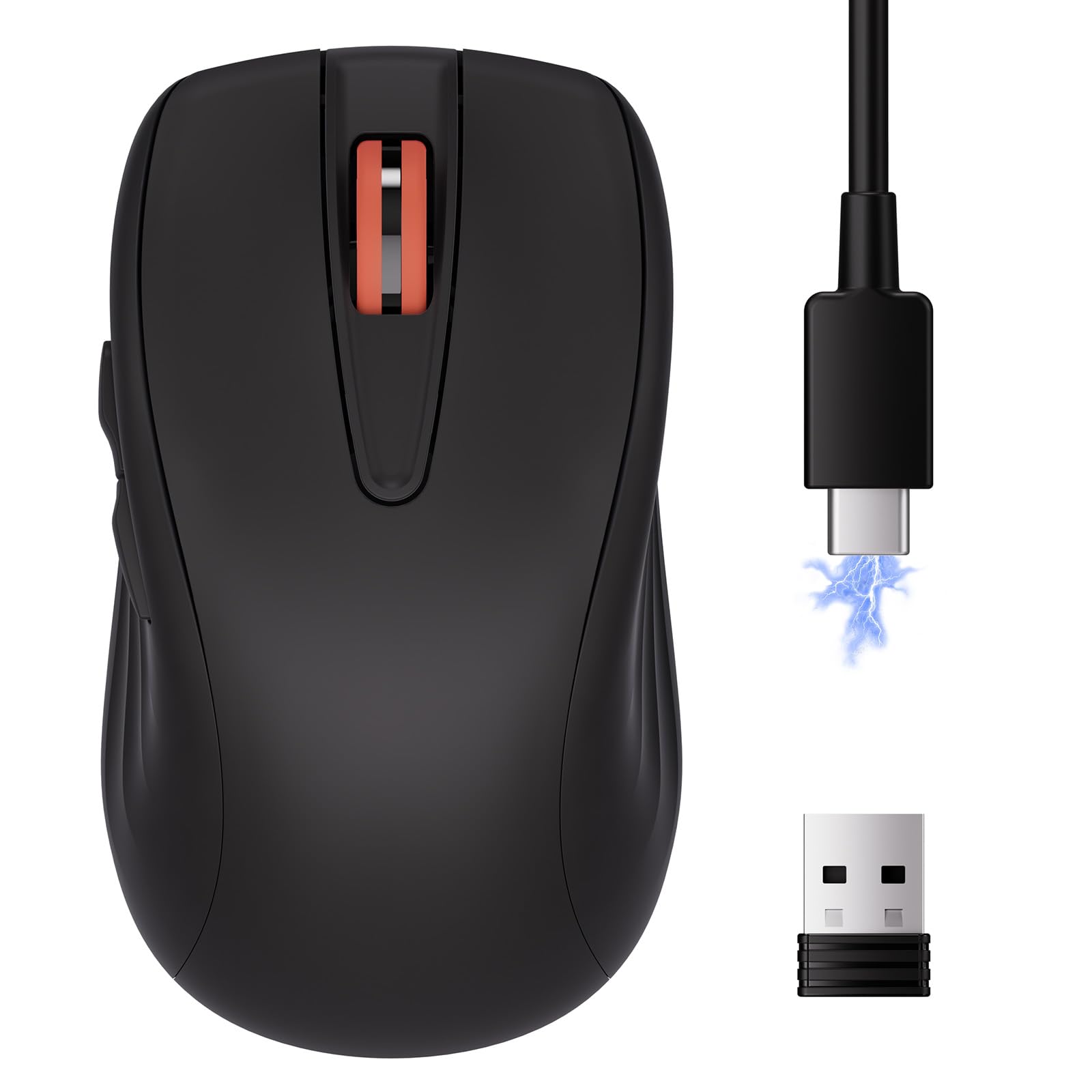 wegear WL500 Mouse wireless silenzioso ricaricabile, click silenzioso, mouse per computer senza fili USB 2.4G con 6 pulsanti, impugnatura ambidestra, DPI regolabile per laptop, PC, Mac (nero)