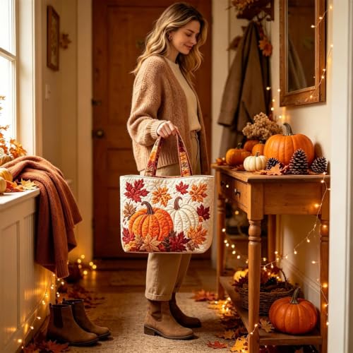 Large Capacity Tote Bag with Pumpkin Maple Leaves Design | Autumn Halloween Bags Thanksgiving Hand Bags for Women Fall Decor Holiday Durable Carry Cloth Bag for Mom Wife Daughter - image 6