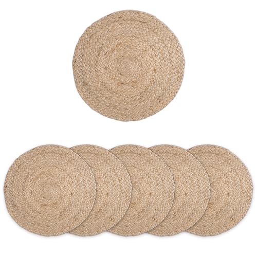 Image of Encasa XO Dining Table Mats Set of 6 | Jute Round Placemat - 32 cm Diameter | Jute Natural Bleach Color | Handmade Style Chargers for Dinner Plates