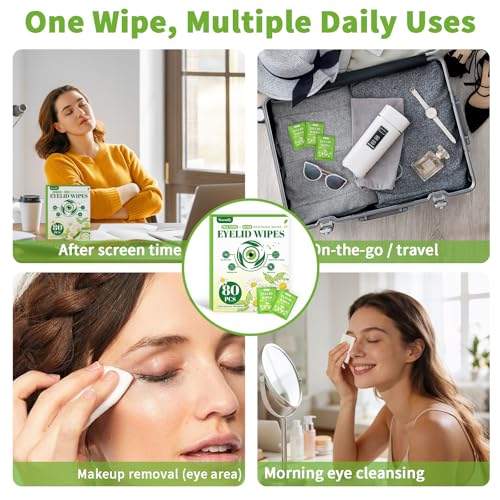 Warmify 80 Pcs Tea Tree Oil Eyelid Wipes, Individually Wrapped Eye Lid Cleansing Wipes for Sensitive Eyes, Gentle Daily Eyelid Cleanser for Dry Eyes, Lash & Lid Hygiene, Alcohol-Free