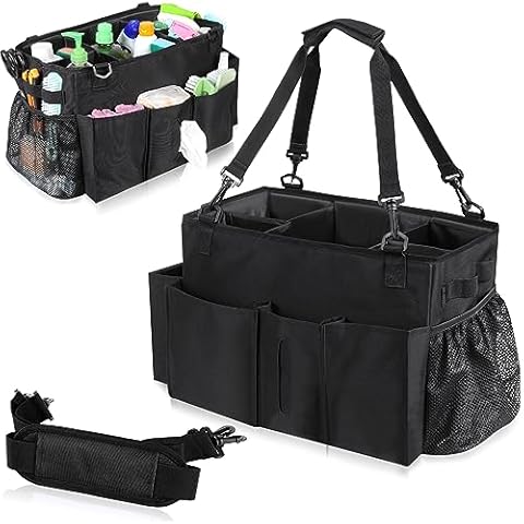 Wearable Cleaning Caddy Bag with Handle, Multi-functional Cleaning Supplies Caddy Organizer with Handle and Shoulder Strap for Car Wash, Gardening Tools, Painting/Picnic Items, Beach (Black) Cover