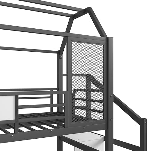 Image of YOPTO Twin House Loft Bed with Slide and Stairs,Metal House-Shaped Roof Playhouse Bed w /Storage Shelves,Noise-Free,for Student Dorms,Studio,Black