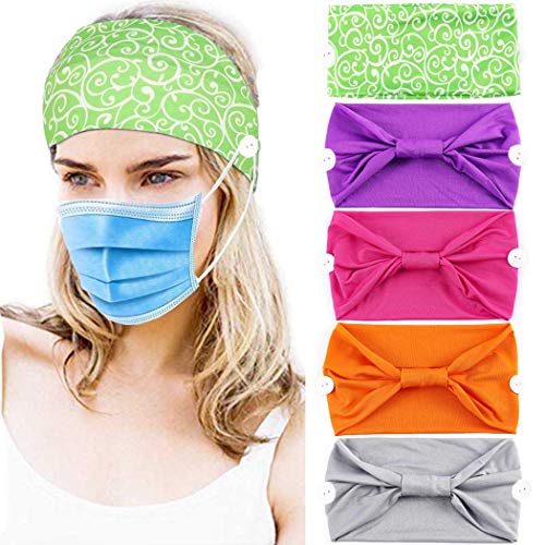 ELABEST Boho Headbands Women Headband Button Ear Protection 5Pack Hair Bands Yoga Printing Knot Bandeau Travel Stretchy Cotton Head Scarf Polyester Athletic Sport Hair Accessories for Women and girls