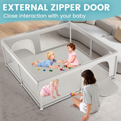 Image of 79x79 Inch Baby Playpen for Babies and Toddlers, Extra Large Play Yards for Indoor & Outdoor with Zipper Gates, Breathable Mesh with Anti-Slip Base