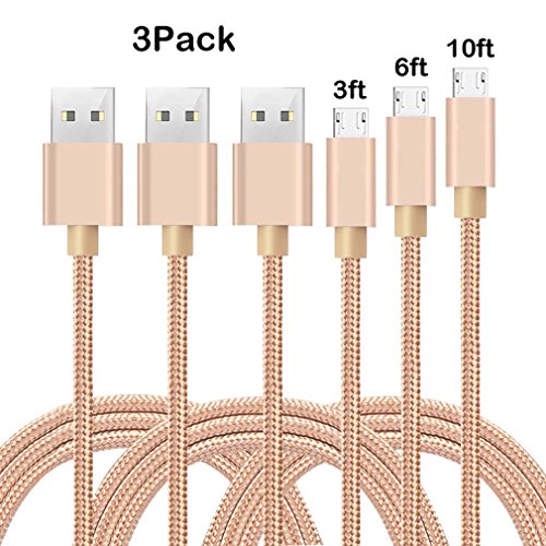 Micro USB Cable 3Pack 3FT 6FT 10FT Nylon Braided Android Charging Line Micro USB Cable for Android, Samsung, HTC, Motorola, Nokia and More(Gold)