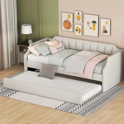 Sweiko Lit Banquette 90 x 200 cm,2 in 1 lit Simple Fonctionnel escamotable pour 1 Personne Canapé-lit escamotable (Beige)