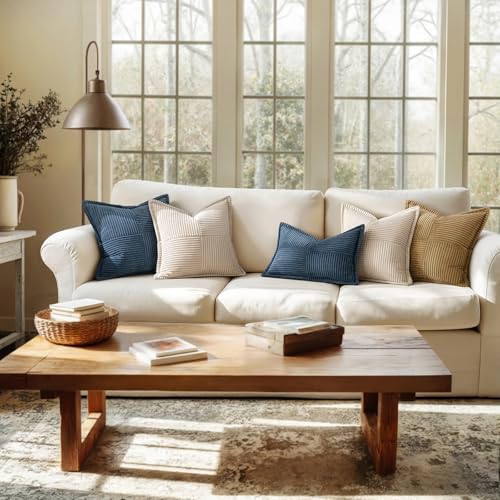 Image of MIULEE Decorative Throw Pillow Covers for Couch Bed Livingroom 20x20 Inch Set of 2 Blue Boho Accent Throw Pllows Broadside Striped Patchwork Soft Corduroy Summer Coastal Pillowcases