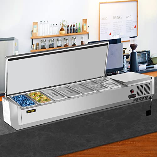 Vevor Refrigerated Condiment Prep Station, 71-Inch, 19.8Qt Sandwich/Salad Prep Table With 5 1/3 Pans & 4 1/6 Pans, 150W Salad Bar With 304 Stainless Body And Cover Temp Adjuster One-Click Defrosting #TOP7