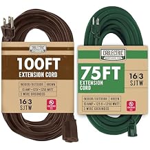 Brown Outdoor Extension Cord 100ft, 16/3 SJTW Weatherproof Heavy Duty Exterior Power Cable with 3 Prong & Green Extension Cord 75ft, 16/3 SJTW Exterior Power Cable - American Owned