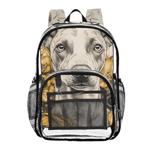 Dog Floral Gold Clear Backpack, PVC Transparent Bag with Large Capacity for Boys, Girls, Men, Women, See Through Bookbag for School Work College Travel