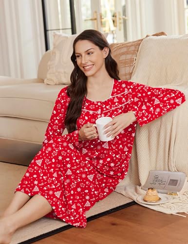 Ekouaer Womens Long Sleeve Nightgowns Long Sleep Shirts Henley Night Shirts Full Length Nightgown2