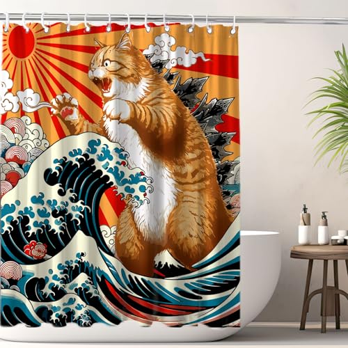 Image of Funny Japanese Cat Shower Curtain, Vintage Orange Cat Japan Anime Ocean Wave Waterproof Shower Curtain with Hooks, Funky Animal Sun Fabric Shower Curtains Kids Bathroom Decor 72X72inches