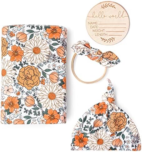 Konssy Baby Girl Newborn Receiving Blanket with Matching Headband and Beanie Set Baby Swaddle Floral Print Nursery Swaddle Wrap