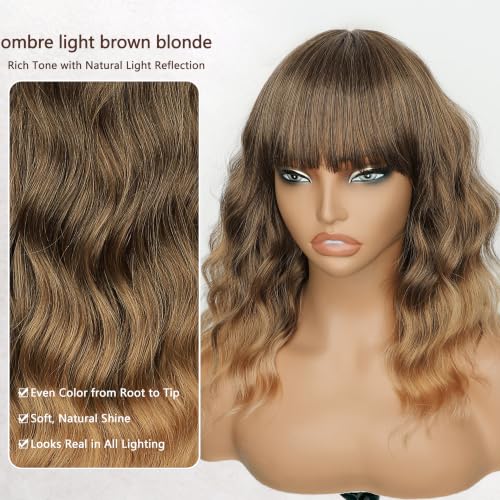 Image of Nnzes Short Wavy Bob Wig with Bangs for Women Shoulder Length Curly Soft Brown to Honey Blonde Ombre Synthetic Heat-Resistant Fiber Hair for Daily & Party Use