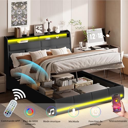 MISNODE Boxspringbett 140 x 200 cm, Doppelbett mit LED-Lichtern, Gepolsterter Bettrahmen aus PU mit Lattenrost, Bett für Erwachsene und Jugendliche, Schwarz (Schwarz-B, 140 x 200 cm) – Bild 6