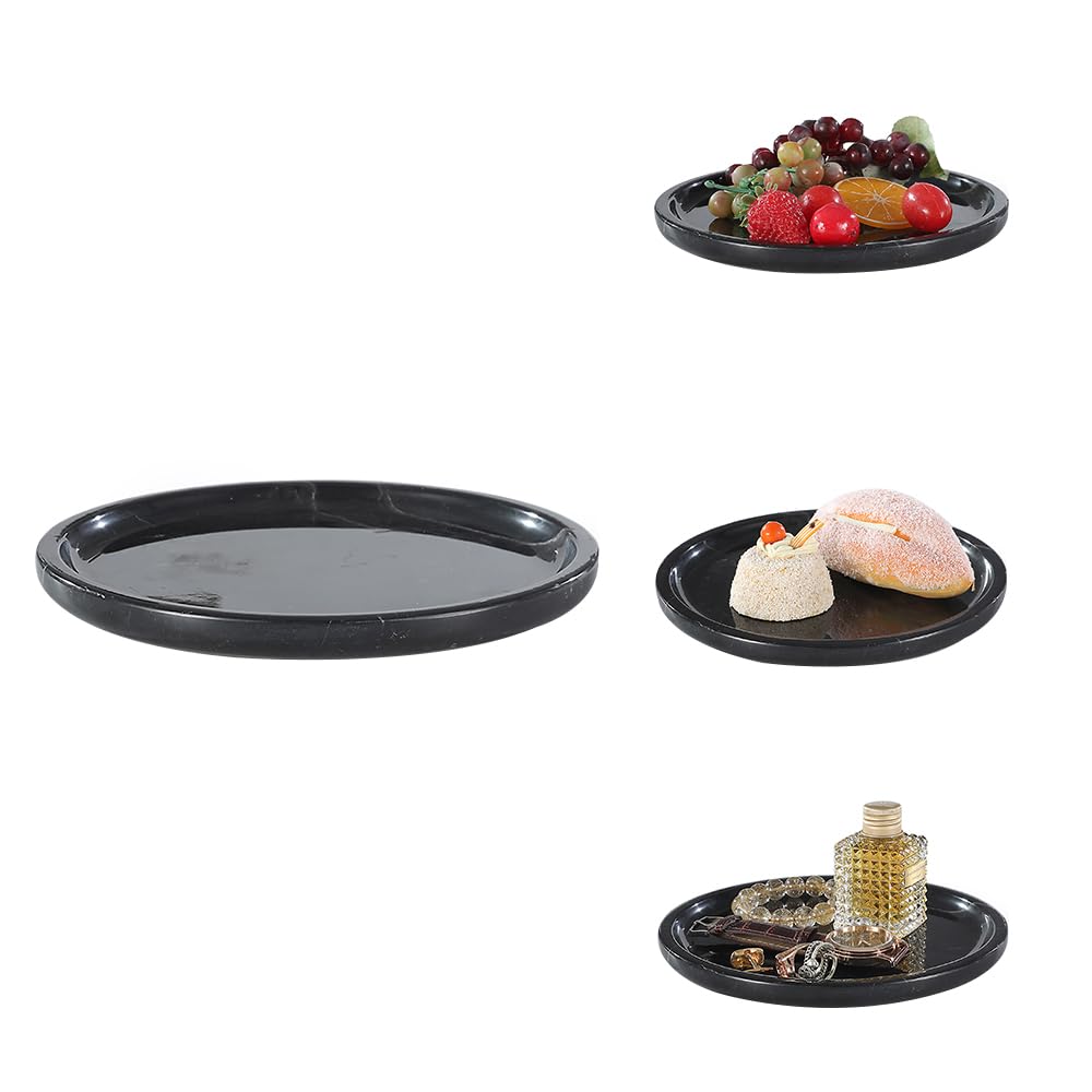 Bandeja de mármol natural de lujo real, bandeja de almacenamiento de mármol genuino para decoración del hogar, bandeja de piedra para baño, cocina, tocador, tocador, sin resina (negro, 8 pulgadas)