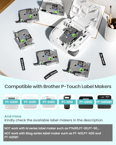 Image of 6-Pack Label Maker Tape 12mm 0.47 inch Black Tze-335 Replacement for Brother P Touch Label Tape TZe335 TZ-335, Compatible with Brother Ptouch PT-D210 PT-H110 PT-D220 PT-D400, White on Black