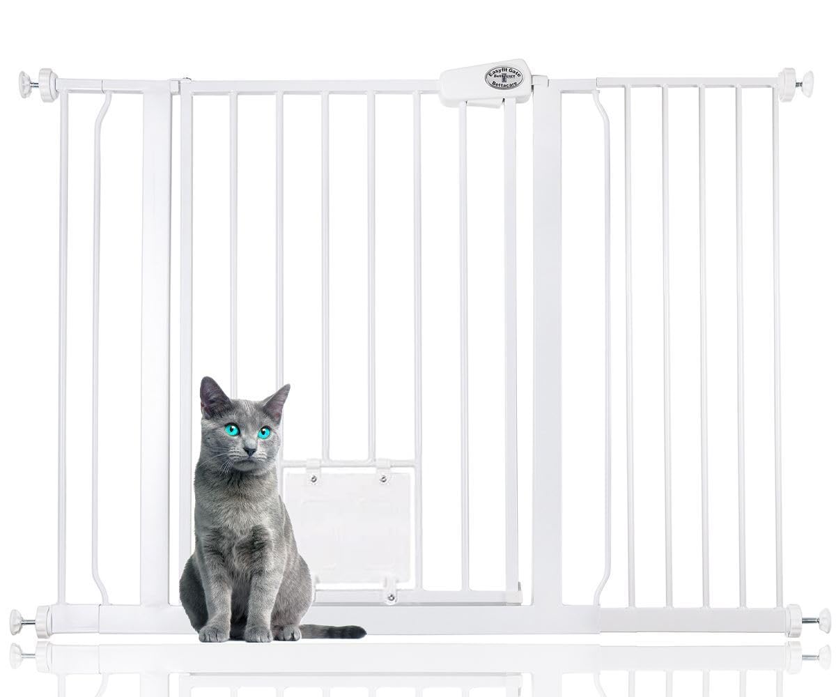 Bettacare Pet Gate with Lockable Cat Flap, 113.8cm - 121.4cm, White, 75cm in Height, Dog Safety Barrier with Cat Flap, Easy Installation