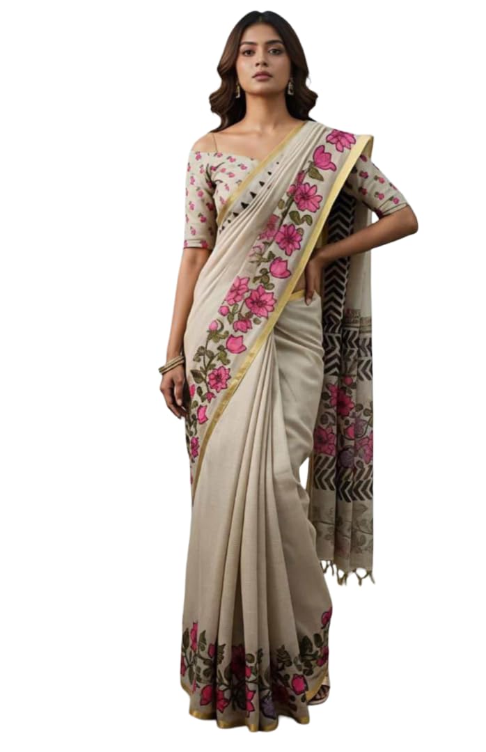 Linen Floral Border Saree, Elegant Beige Soft Linen with Pink Flower Print, Festive Party Office Use-picture-25