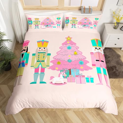 Homewish Cute Pink Nutcracker King Duvet Cover - Christmas Tree Bedding Set for Kids Girls, Nutcracker Gifts Princess Bed Set, Xmas Decorations Quilt Cover Bedroom Decor - 3 Piece