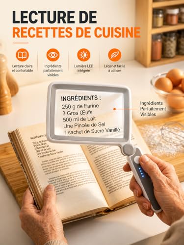 SONNELD Loupe de Lecture Rectangulaire, avec Lumière LED Rechargeable - Loupe Grossissante 3X en Verre Anti-Rayures - Idéal pour Malvoyants, Seniors, DMLA, Journaux et Travaux de Précision – vue 3
