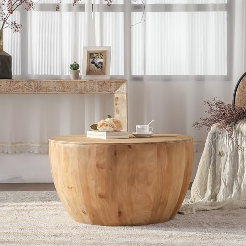 KIGFTSOD 31.50' Coffee Table with Storage, Round Drum Coffee Table for Office, Dining Room and Living Room, Nature