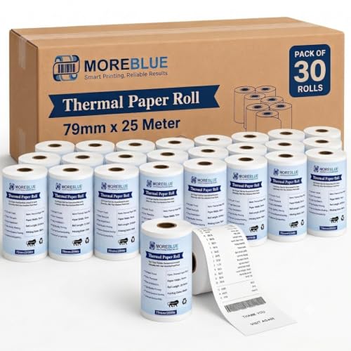 Image of MOREBLUE 3 Inch Thermal Printer Roll 79mm x 25 Meter (55 GSM) | Inkless Thermal Paper for POS Machines, Billing Machine, ATM & Receipt Printers Pack of 30
