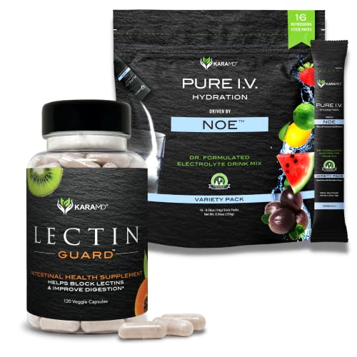 KaraMD Pure I.V. + Lectin Guard Special Bundle - Refreshing Variety Flavor Hydration Packets (16 Sticks) & Powerful Lectin Blocker for Gut Health (120 Capsules) - Fuel Your Digestion & Energy Now