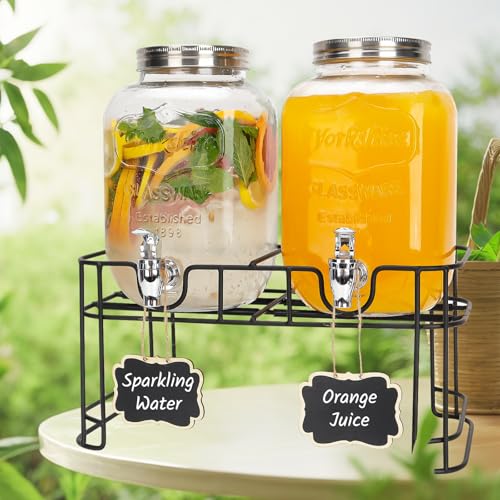2-Pack 1-Gallon Glass Drink Dispensers with Stand, Spigot, and Ice Cylinder for Parties - 100% Leak-Proof